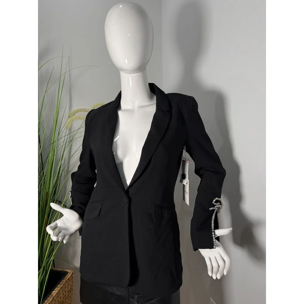 CeCe Rhinestone Bow Sleeve One-Button‎ Blazer Black Elegant Tailored Jacket 4